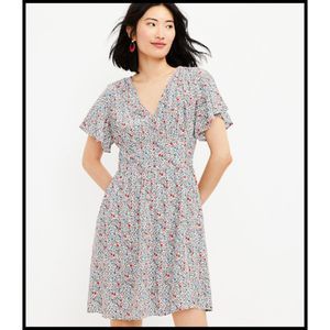 Loft Tall Floral Flutter V-Neck Pocket Dress Red/Blue/Green Size 12T